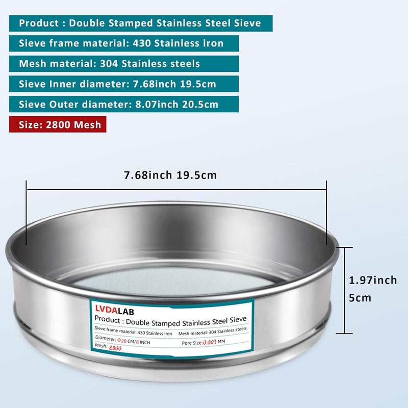 LVDALAB 304 Stainless Steel Mesh Lab Sieve, 2800 Mesh(0.003mm) Aperture Test Sieve, 7.9Inch(20cm) Diameter Economy Standard Analysis Sample Test Sieves for Industrial Laboratory Homes - Image 2